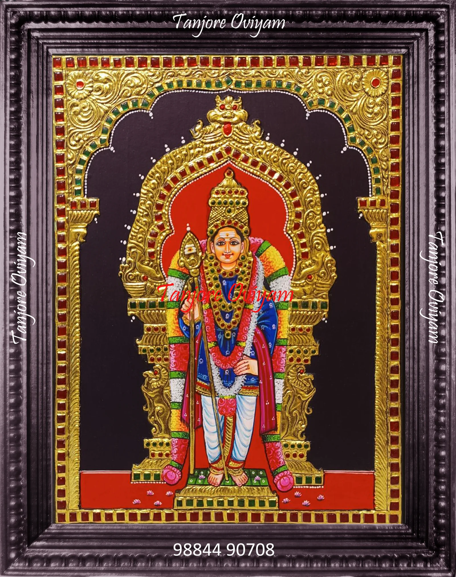 Lord Murugan Authentic Tanjore painting standing vel garlands double arch gold foil artwork
